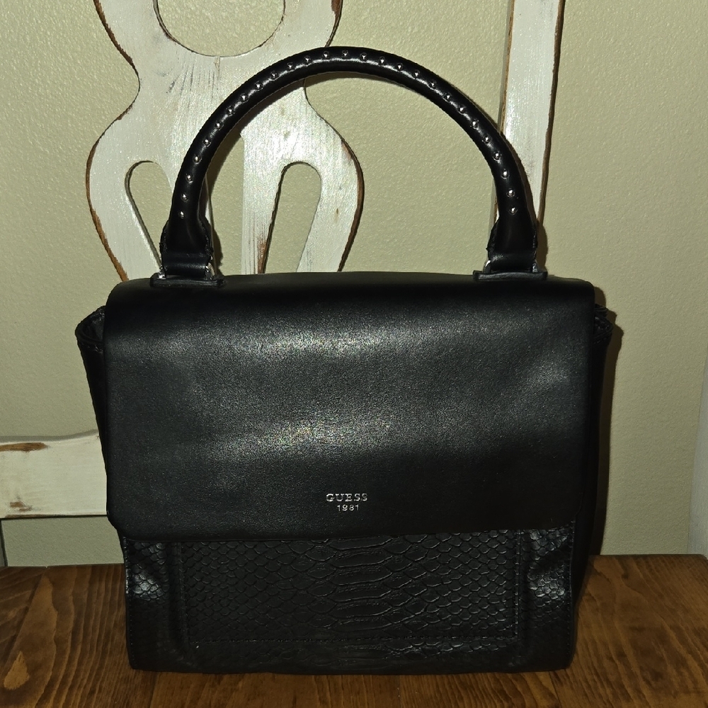 Guess Black Evette Top Handle Flap Satchel Bag with Sleek Design